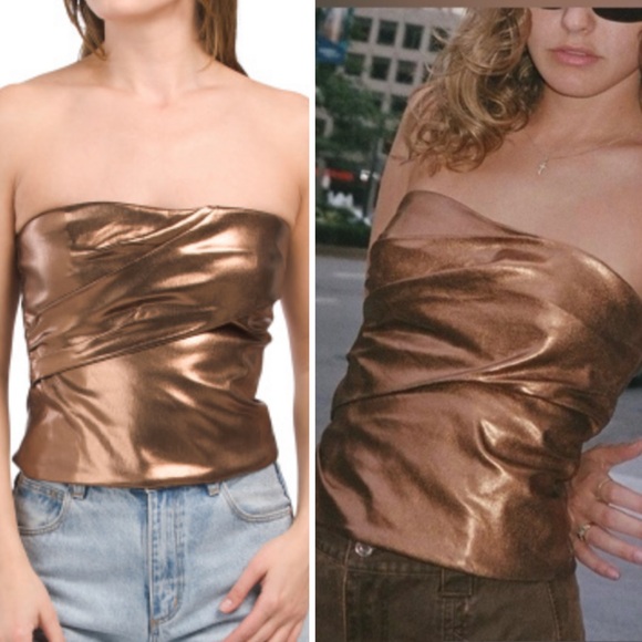 NWT Zara Metallic Bronze Gold Strapless Ruched Corset Cropped Tube Top - M - Picture 1 of 16